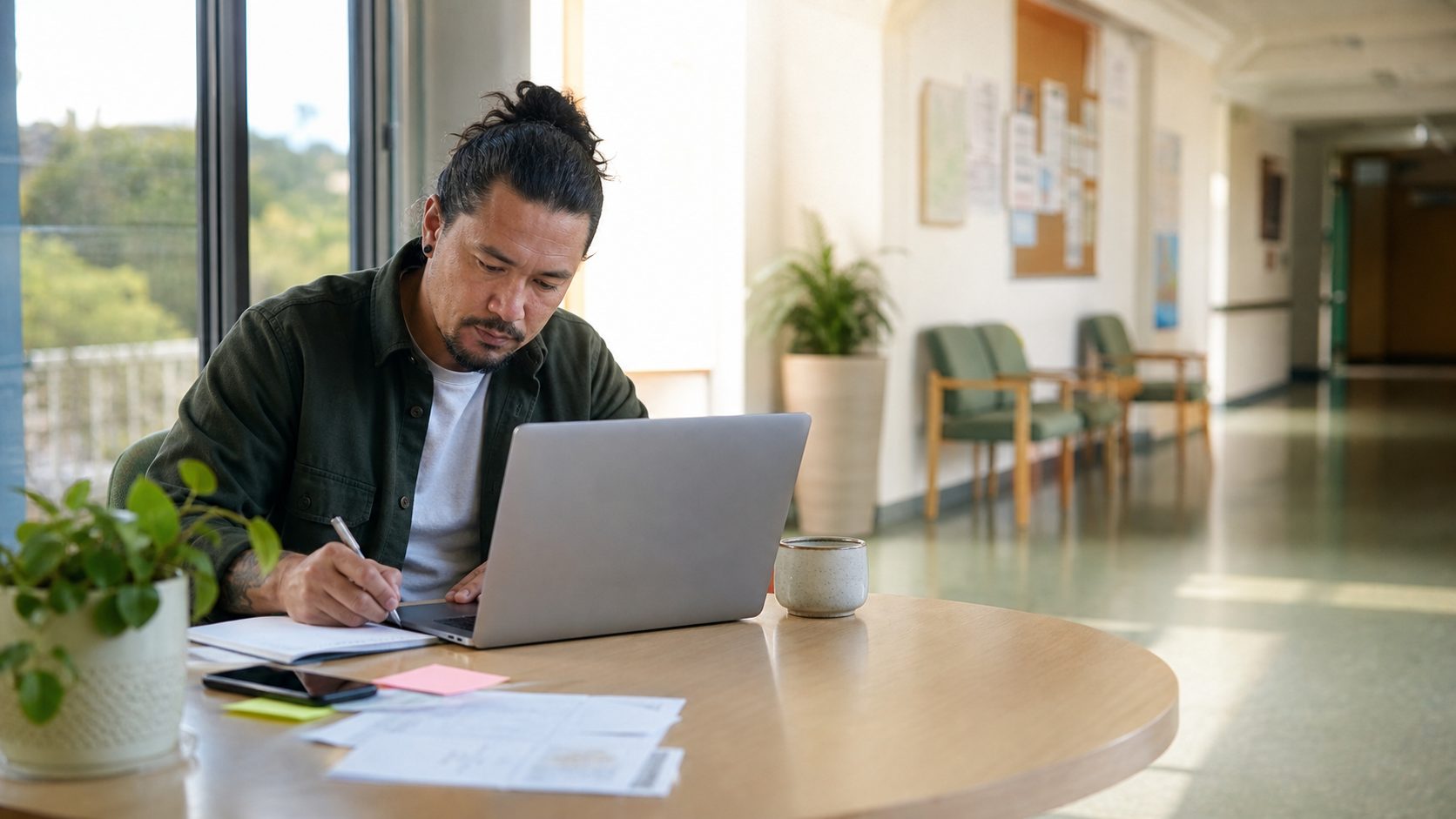 A person uses a laptop and handwritten notes to map healthcare options in a quiet waiting-room-like space.